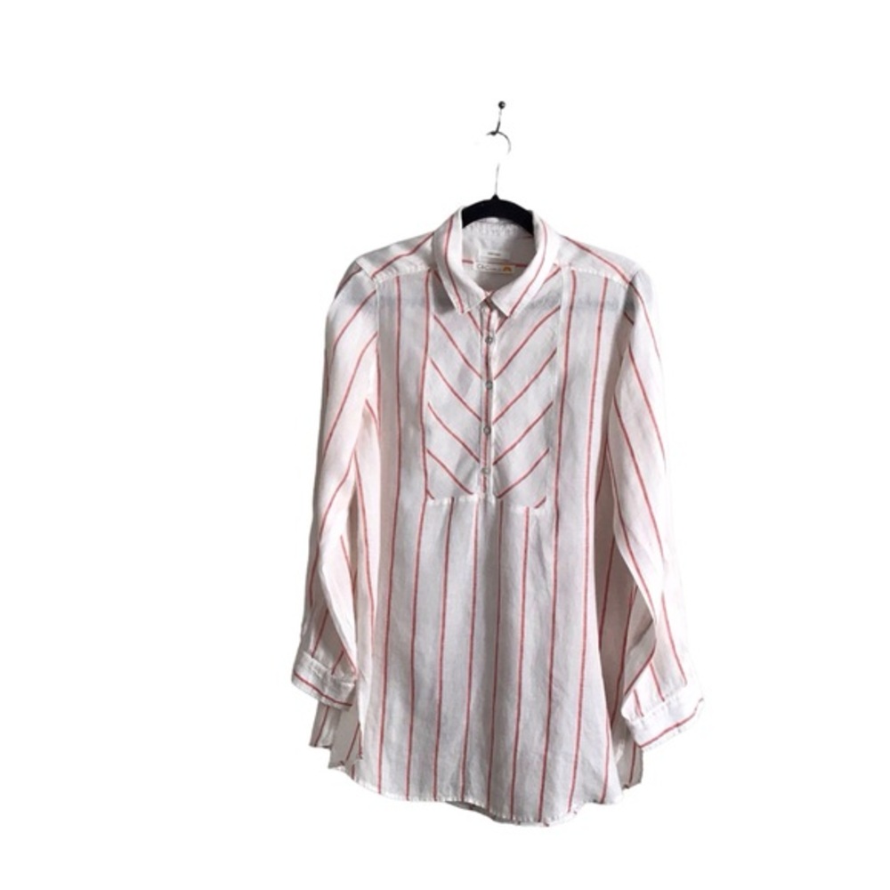 C&C California Large Linen Red‎ White Stripe Popover Tunic Shirt Classic Relaxed